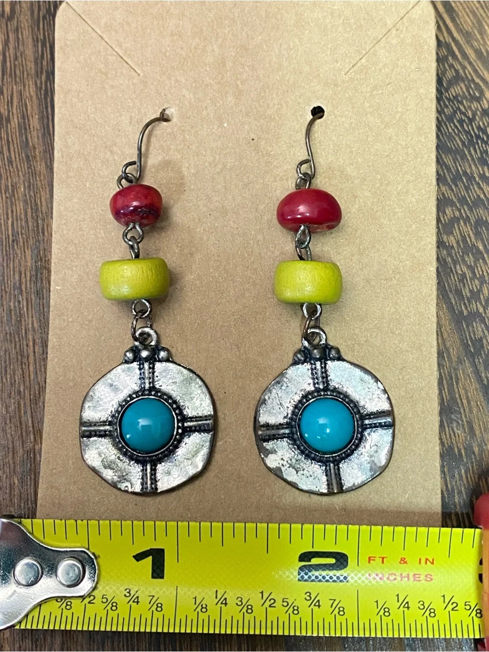 Boho Turquoise Medallion Drop Earrings with Red and Yellow Beads